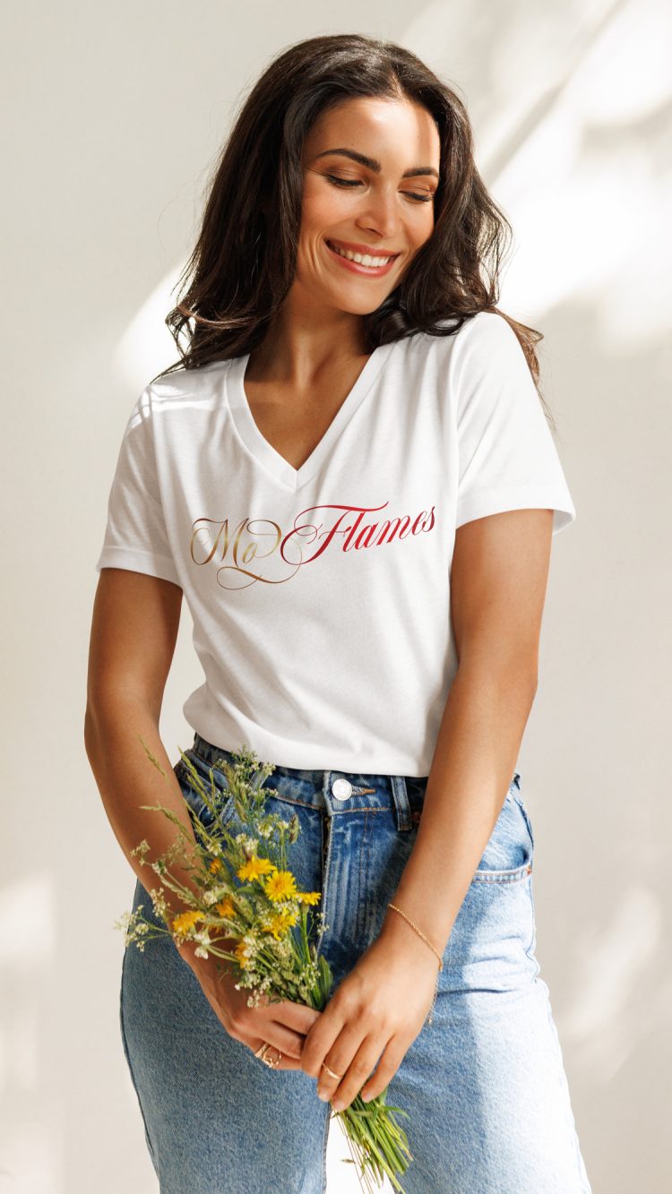Gold and Red Mo Flames White V-Neck Shirt